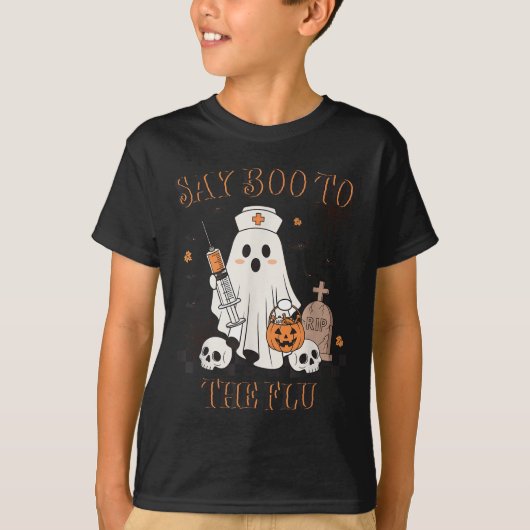 Retro Nurse Ghost Halloween Vaccine Zeg Boe tegen  T-shirt (Voorkant)