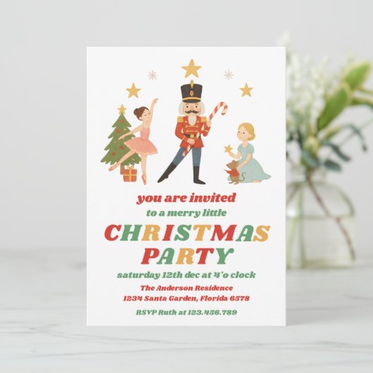 Retro Nutcracker Editable Christmas Party Kaart (Staand voorkant)