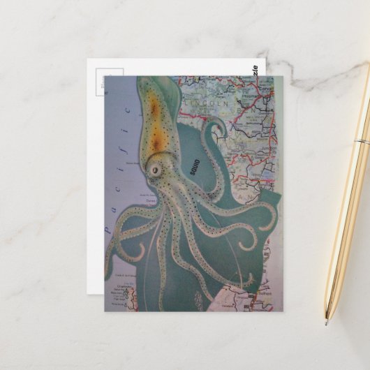 Retro Octopus en Kaartcollage Briefkaart (Voorkant / Achterkant in situ)