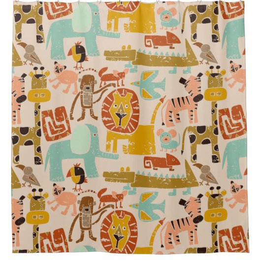 Retro Oerwoud Dieren Schattige Patroon Douchegordijn (Voorkant)