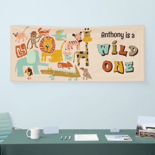 Retro Oerwouden Wild Een Eerste Verjaardag Spandoek (Beurs)