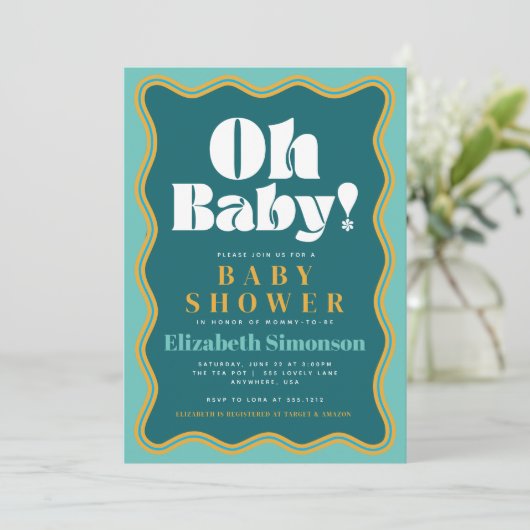 Retro Oh Baby Wavy Squiggle Lijst Baby shower Kaart (Staand voorkant)