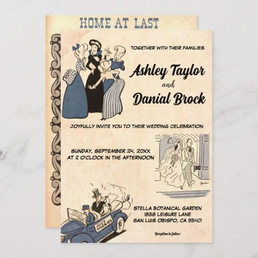  Retro Old Bride Groom Stylish Chic Wedding Kaart (Voorkant / Achterkant)