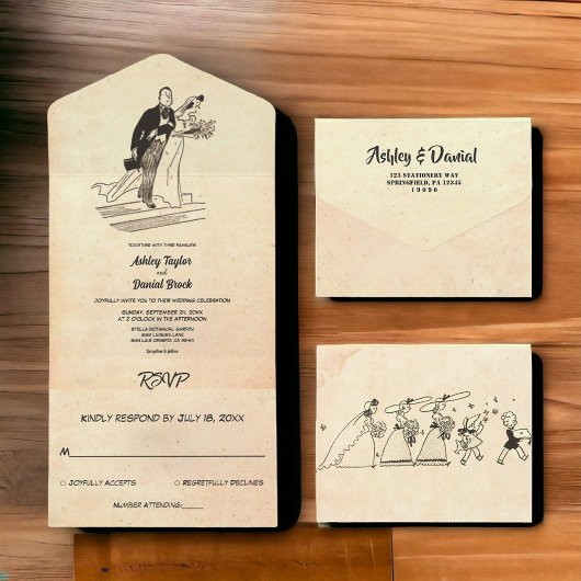 Retro Old Couple Pop Art Rustic Wedding All In One Uitnodiging