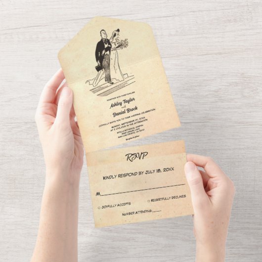 Retro Old Couple Pop Art Rustic Wedding All In One Uitnodiging (Afscheurbaar)