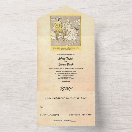  Retro Old Funny Couple Rustic Wedding All In One Uitnodiging (Binnen)