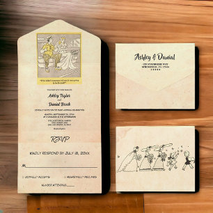 Retro Old Funny Couple Rustic Wedding All In One Uitnodiging