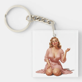 Retro Old Hollywood Glamour Girl in Pink Pinup Art Sleutelhanger