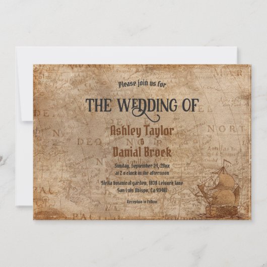 Retro Old Map Sailboat Classic Wedding Kaart (Voorkant)