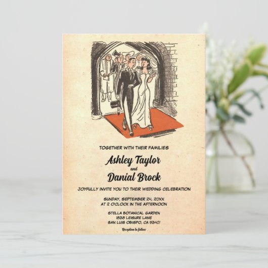  Retro Old Net getrouwd Couple Chic Wedding Kaart (Staand voorkant)