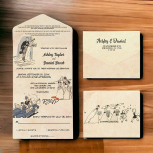 Retro Old Romantic 50s Comic Book Wedding All In One Uitnodiging