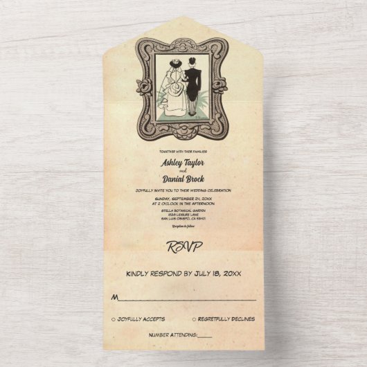 Retro Old Romantic Bride Groom Wedding All In One Uitnodiging (Binnen)