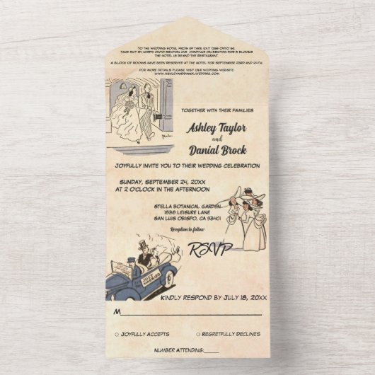 Retro Old Romantic Comic Rustic Wedding All In One Uitnodiging (Binnen)