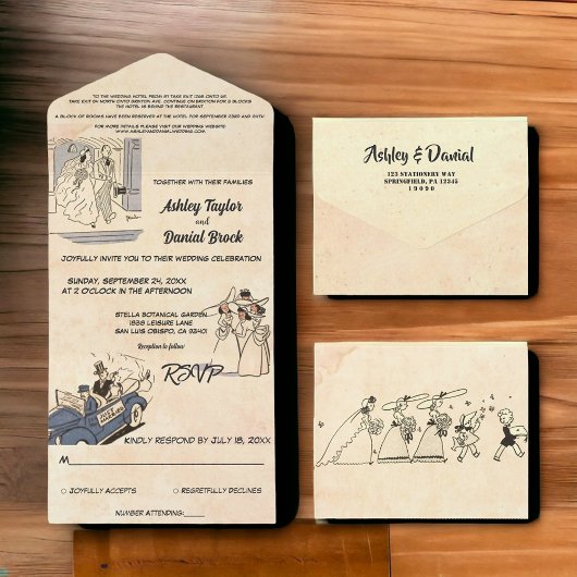  Retro Old Romantic Comic Rustic Wedding All In One Uitnodiging