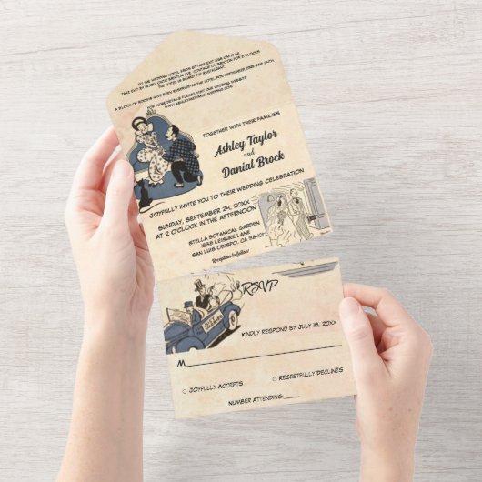  Retro Old Romantic Comic Stylish Wedding All In One Uitnodiging (Afscheurbaar)