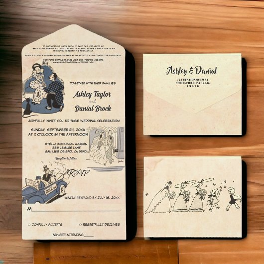  Retro Old Romantic Comic Stylish Wedding All In One Uitnodiging