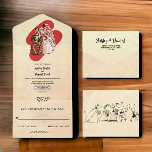  Retro Old Romantic Couple Rustic Wedding All In One Uitnodiging