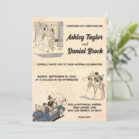 Retro Old Romantic Modern Stylish Wedding Kaart (Staand voorkant)