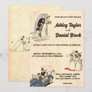 Retro Old Rustic 50s Comic Stylish Wedding Kaart