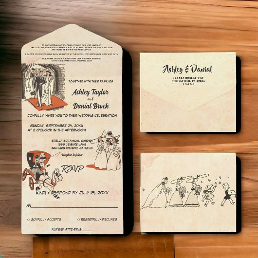  Retro Old Rustic 50s Comic-Thémed Wedding All In One Uitnodiging