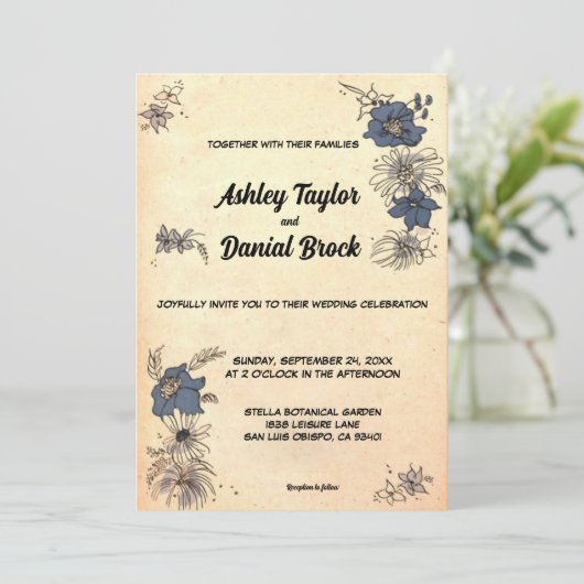 Retro Old Rustic Botanical Floral Wedding Kaart (Staand voorkant)