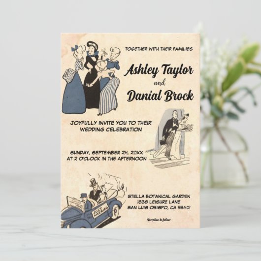  Retro Old Rustic Chic Comic Style Weddenschap Kaart (Staand voorkant)