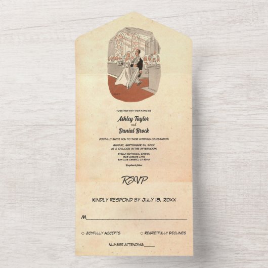 Retro Old Rustic Couple Ceremony Wedding All In One Uitnodiging (Binnen)