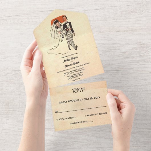  Retro Old Rustic Couple Comic Book Wedding All In One Uitnodiging (Afscheurbaar)
