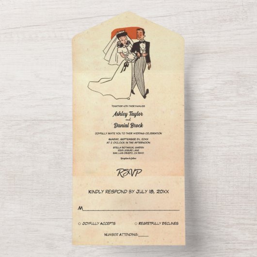  Retro Old Rustic Couple Comic Book Wedding All In One Uitnodiging (Binnen)