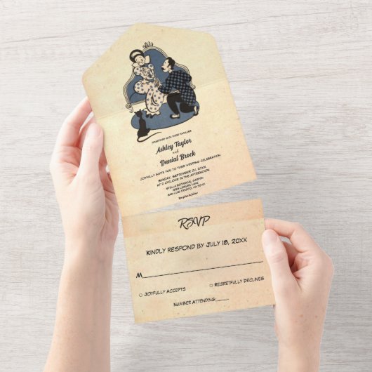  Retro Old Rustic Couple Romantic Wedding All In One Uitnodiging (Afscheurbaar)