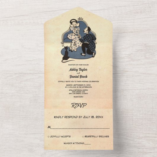 Retro Old Rustic Couple Romantic Wedding All In One Uitnodiging (Binnen)