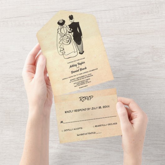 Retro Old Rustic Romantic Couple Wedding All In One Uitnodiging (Afscheurbaar)
