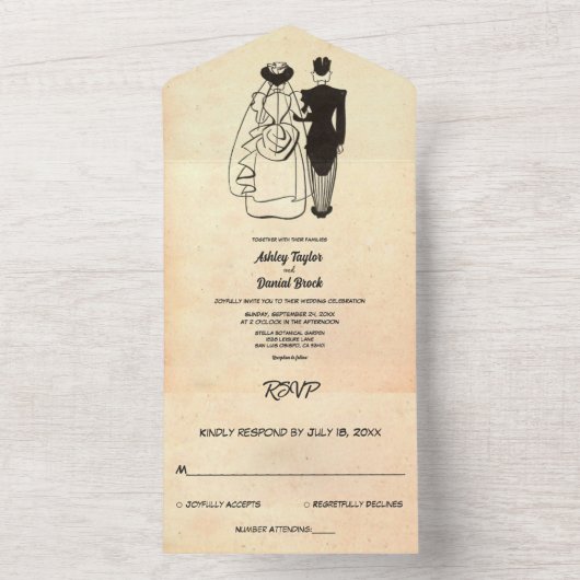  Retro Old Rustic Romantic Couple Wedding All In One Uitnodiging (Binnen)