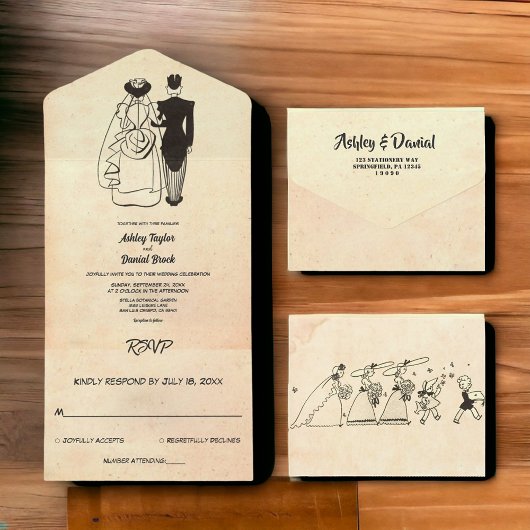 Retro Old Rustic Romantic Couple Wedding All In One Uitnodiging