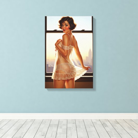 Retro Old School Pin-Up Girl Canvas Afdruk (Insitu (Houten vloer))