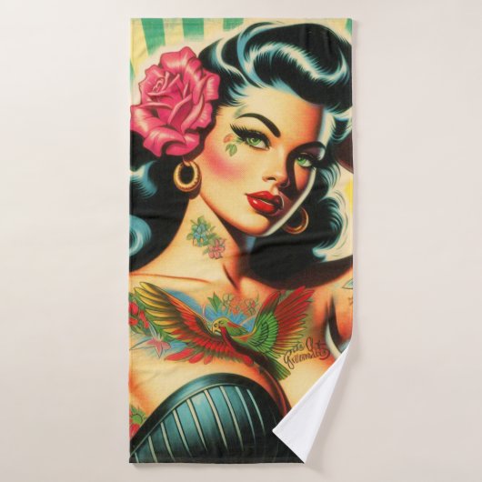 Retro Old School Tattoo Pinup Badhanddoek (Badhanddoek)