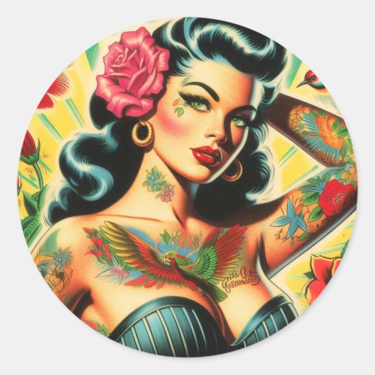 Retro Old School Tattoo Pinup Ronde Sticker (Voorkant)