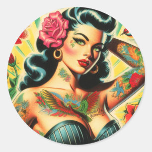 Retro Old School Tattoo Pinup Ronde Sticker