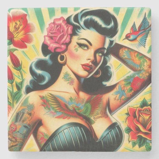 Retro Old School Tattoo Pinup Stenen Onderzetter (Voorkant)
