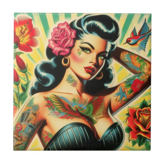 Retro Old School Tattoo Pinup Tegeltje (Voorkant)