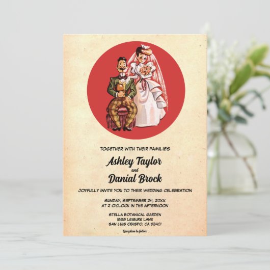  Retro Old Style Couple 50s Rustic Wedding Kaart (Staand voorkant)