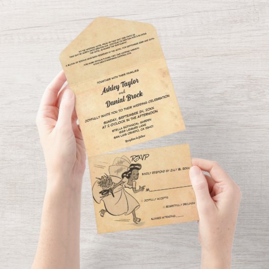  Retro Old Style Funny Bride Rustic Wedding All In One Uitnodiging (Afscheurbaar)