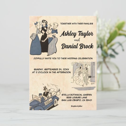  Retro Old Stylish Modern 50s Comic Wedding Kaart (Staand voorkant)