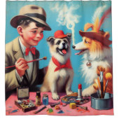 Retro olieverfschilderij Happy Dogs Douchegordijn (Voorkant)