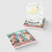 Retro olieverfschilderij Happy Dogs Stenen Onderzetter (Zijkant)