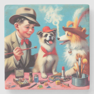 Retro olieverfschilderij Happy Dogs Stenen Onderzetter
