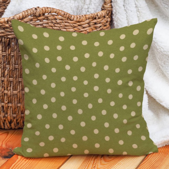 Retro  Olijfgroen Beige Polka Dot Kussen (Retro, vintage olive green and beige polka dot decorator pillow)