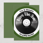 Retro  olijfgroen vinyl record bruiloft save the date (Voorkant / Achterkant)