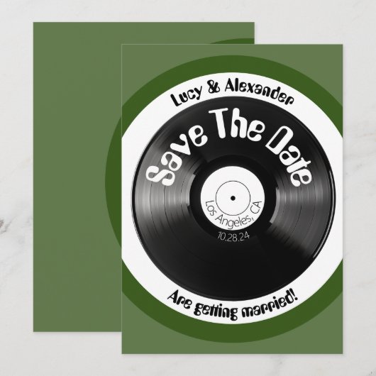 Retro  olijfgroen vinyl record bruiloft save the date (Voorkant / Achterkant)