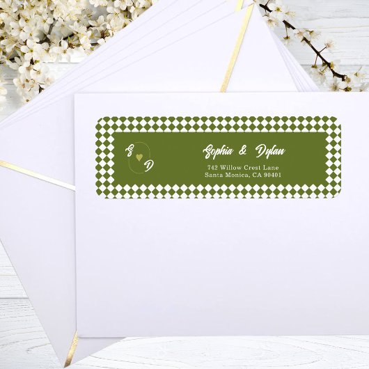 Retro Olijfgroene Monogram Eerste Huwelijksadres Etiket